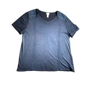 Chicos Shirt Womens 2 Navy Blue‎ V-Neck Eyelet Blouse Boxy Flowy Plus Ladies